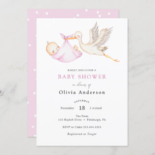 Invitation Baby shower rose cigogne