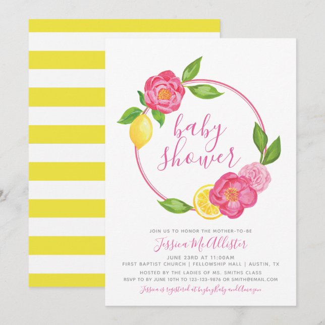 Invitation baby shower | Rose citron jaune rayures (Devant / Derrière)