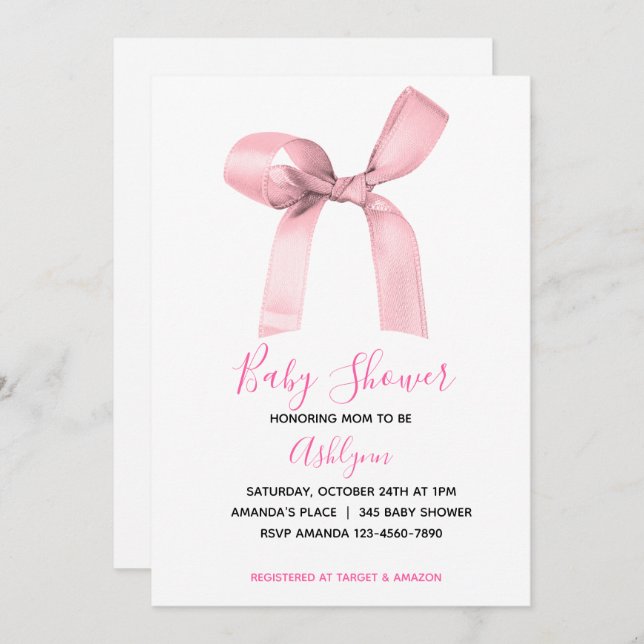 Invitation Baby shower rose Coquette Bow (Devant / Derrière)