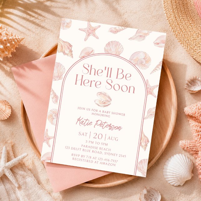 Invitation Baby Shower Rose Coquillage Elle Sera Là (Créateur téléchargé)