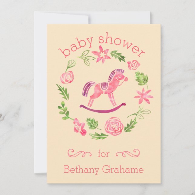 Invitation Baby shower rose de cheval de basculage (Devant)