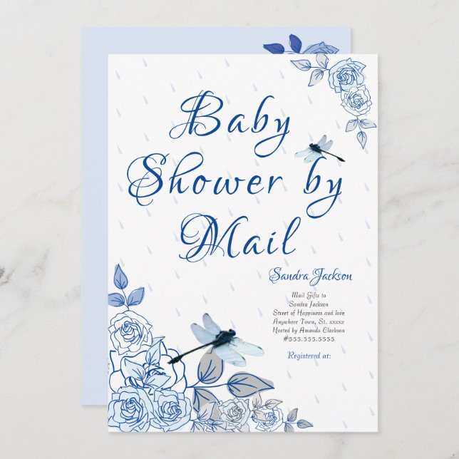 Invitation Baby shower Rose de dragonfly Boy (Devant / Derrière)