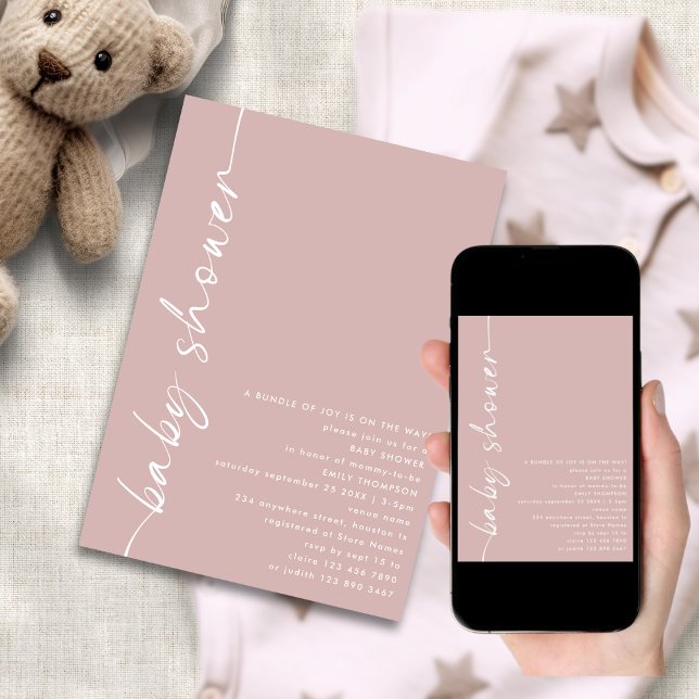 Invitation Baby shower Rose de dureté de texte pivoté minimal (Available digitally and printed)