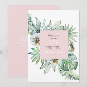 Invitation Baby shower rose de feuillage tropical