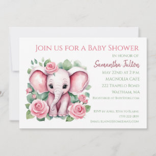 Invitation Baby shower Rose de fille rose éléphant