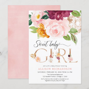 Invitation baby shower Rose de florale bordeaux et rousse d'o