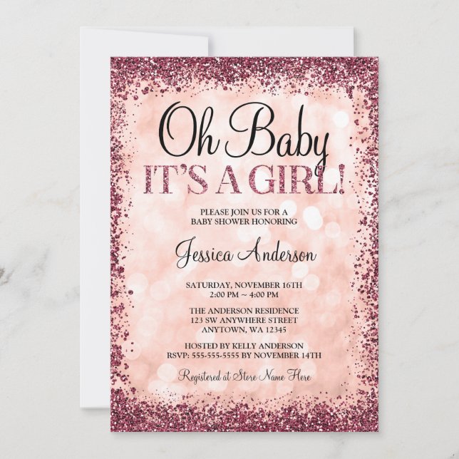 Invitation Baby shower Rose de la Parties scintillant de Bour (Devant)