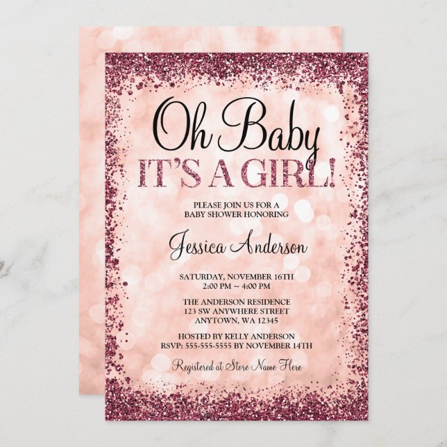 Invitation Baby shower Rose de la Parties scintillant de Bour (Devant / Derrière)