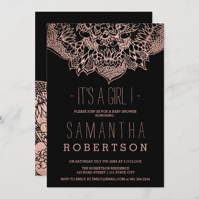 Invitation baby shower Rose de mandala floral boho en or (Devant / Derrière)