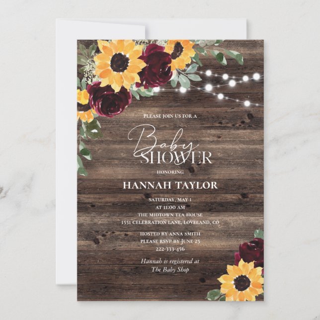 Invitation Baby shower Rose de tournesol en bois (Devant)