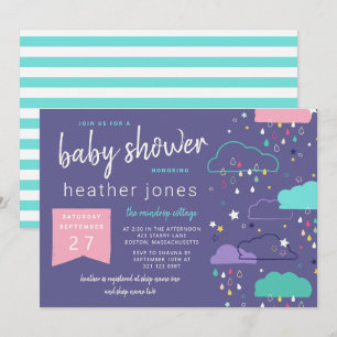 Invitation Baby shower rose des étoiles des nuages de pluie d