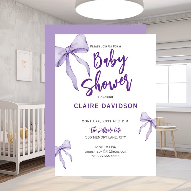 Invitation  Baby Shower Rose Douce (Baby Shower Soft Purple Bows Invitation)