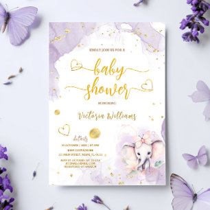 Invitation Baby Shower Rose Douce Fille Eléphant Violet