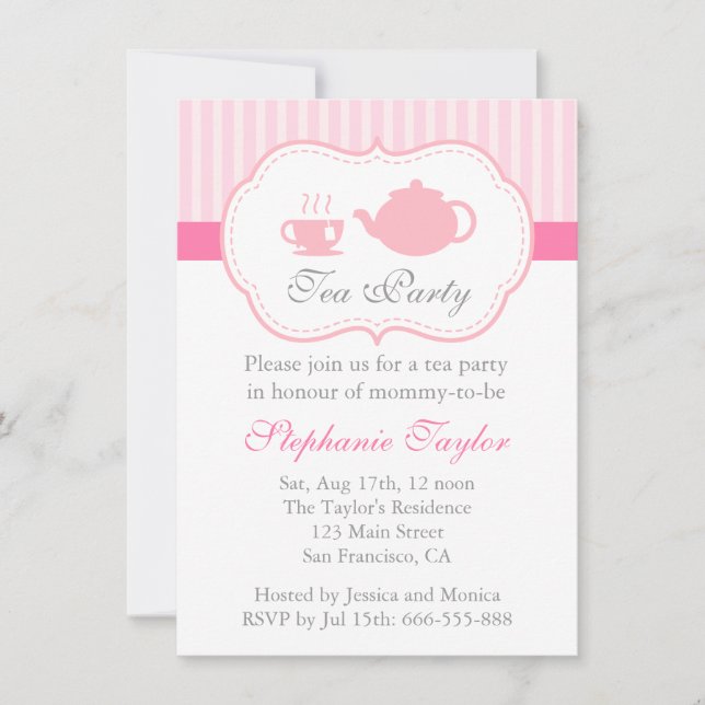 Invitation Baby shower rose doux, thé pour que la maman soit (Devant)