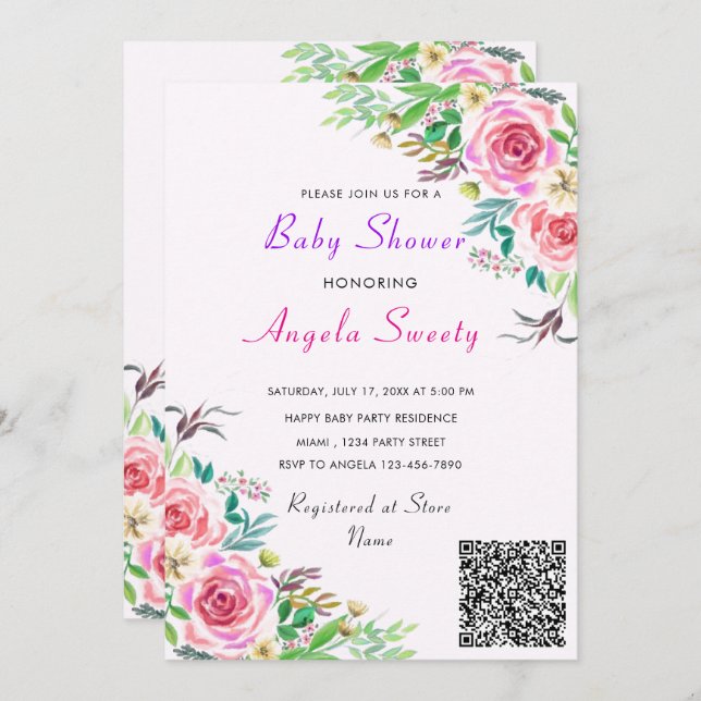 Invitation Baby shower Rose du code QR (Devant / Derrière)