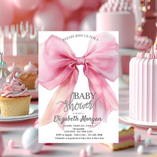 Invitation Baby Shower Rose Élégant à Rayures et Nœud Rose