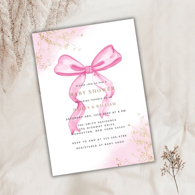 Invitation Baby shower rose Elegant Bow (Pink Elegant Bow Baby Shower Invitation)
