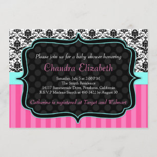 Invitation Baby shower rose, élégante, Damas