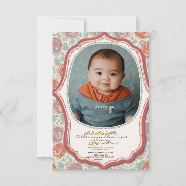 Invitation baby shower rose éléments floraux mignon bébé pic (Devant)