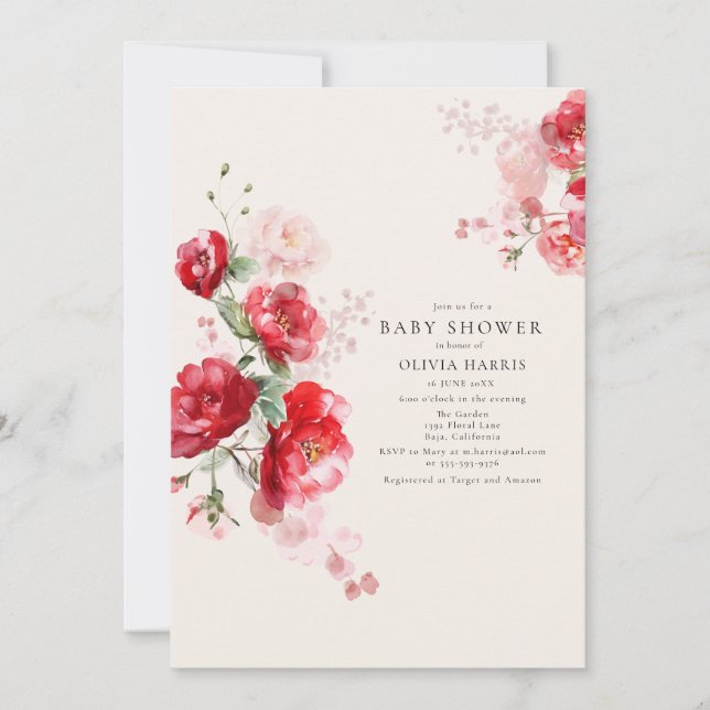 Invitation Baby shower Rose en papier rouge et rose (Devant)