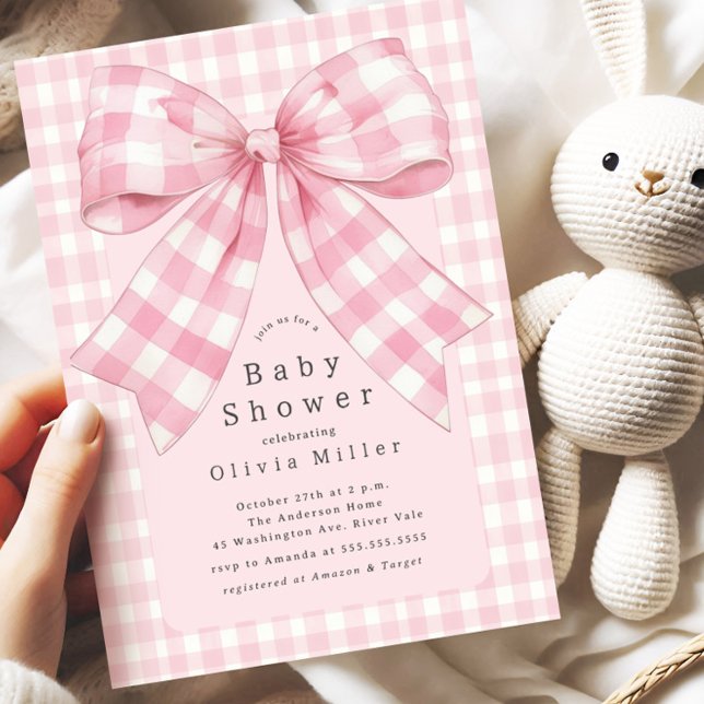 Invitation Baby shower rose En vichy Bow (Créateur téléchargé)