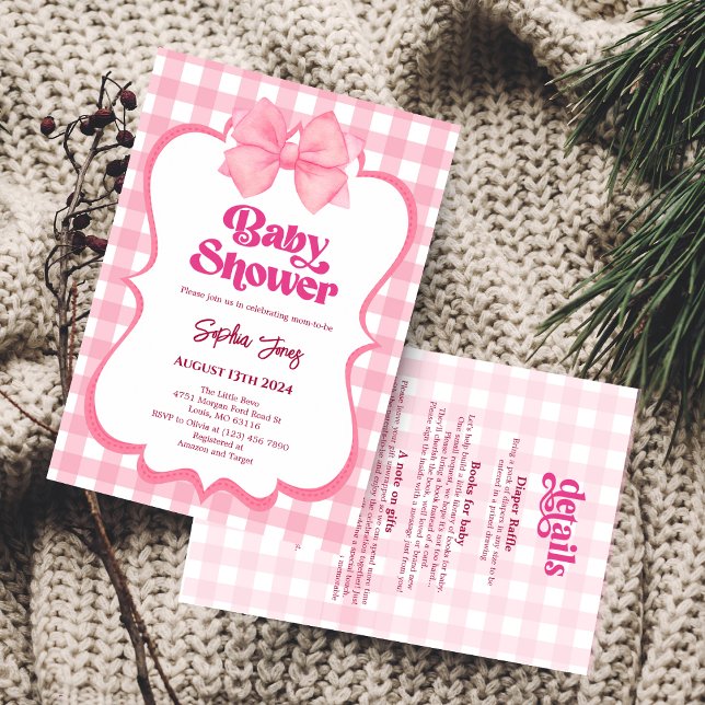 Invitation Baby shower rose En vichy Bow mignon Baby shower f (Créateur téléchargé)
