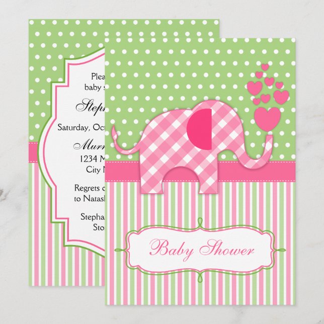 Invitation Baby shower rose En vichy éléphant (Devant / Derrière)