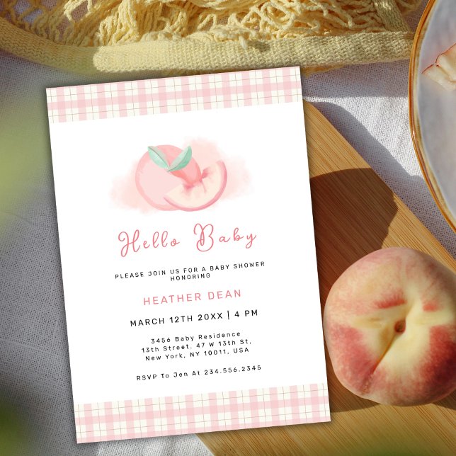 Invitation Baby shower rose En vichy rose doux (Sweet Pink Gingham Peach Baby Shower Invitation)
