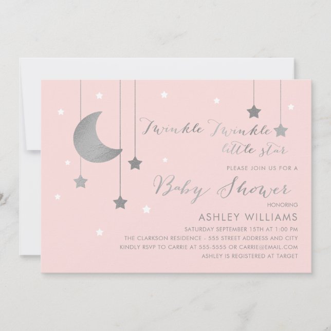 Invitation Baby shower rose et argent Lune et étoiles (Devant)