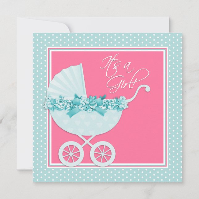 Invitation Baby Shower Rose et Bleu Sarcelle (Devant)