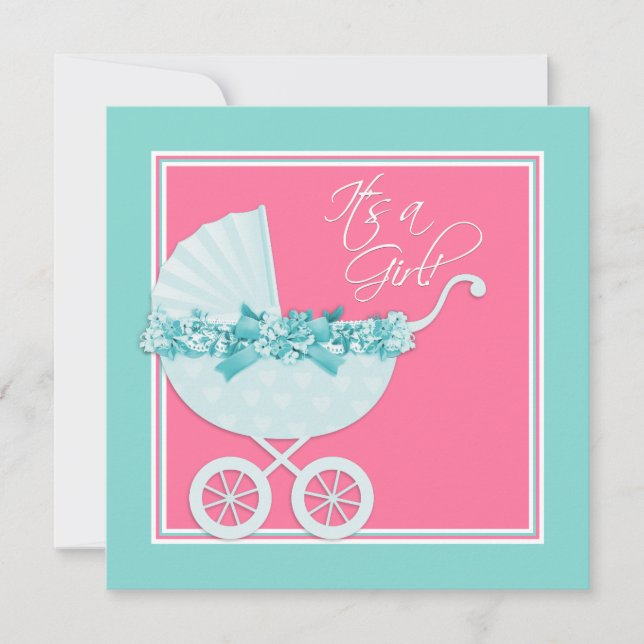 Invitation Baby shower rose et bleu Turquoise Pram (Devant)