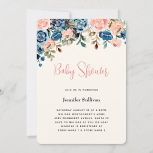 Invitation Baby shower rose et bleu Watercolor Flowers