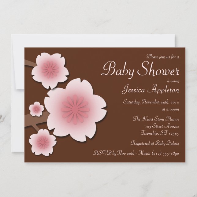 Invitation Baby shower rose et Brown de fleurs de cerisier (Devant)