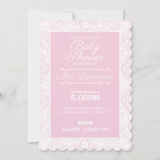 Invitation Baby shower rose et dentelle (Devant)