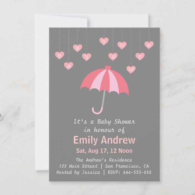 Invitation Baby shower rose et gris avec l'amour et le (Devant)
