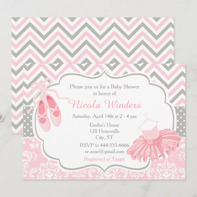 Invitation Baby shower rose et gris Chevron Ballerina (Devant / Derrière)