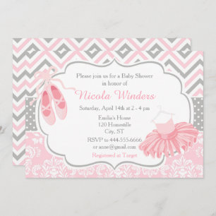 Invitation Baby shower rose et gris Chevron Ballerina
