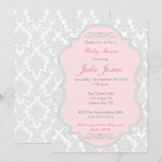 Invitation Baby shower rose et gris Damas