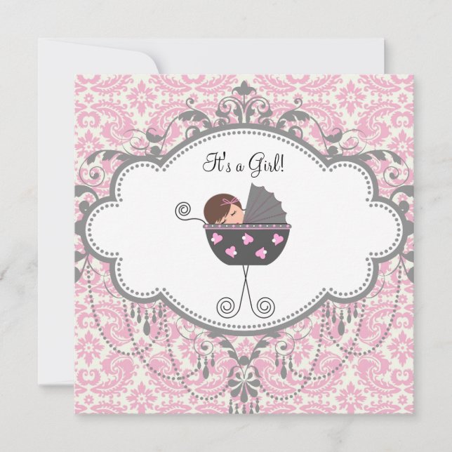 Invitation Baby Shower Rose et Gris Damassé (Devant)