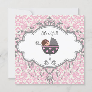 Invitation Baby Shower Rose et Gris Damassé