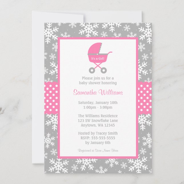 Invitation Baby shower rose et gris de flocons de neige de (Devant)