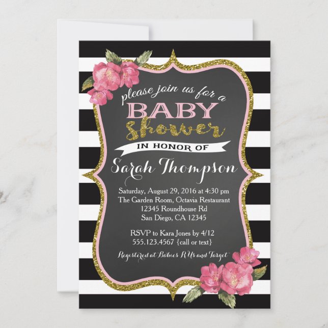 Invitation Baby shower rose et noir floral (Devant)