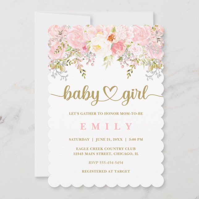 Invitation Baby shower rose et or Floral fille (Devant)