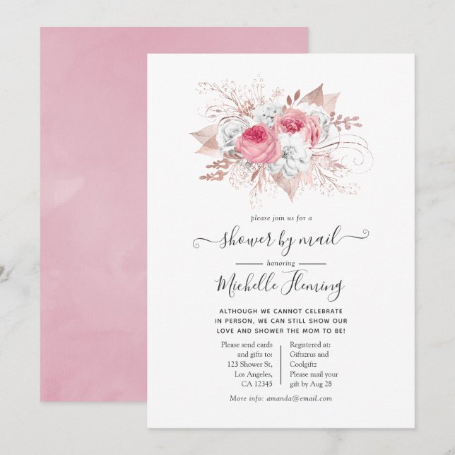 Invitation Baby Shower Rose et Or par Courrier (Devant / Derrière)