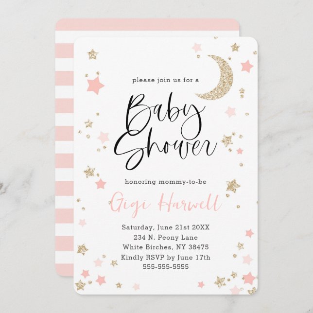 Invitation Baby shower rose et Parties scintillant or Twinkle (Devant / Derrière)