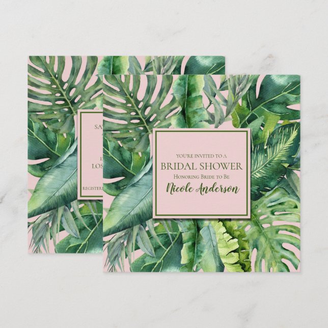 Invitation Baby Shower Rose et Vert aux Feuilles Tropicales (Devant / Derrière)