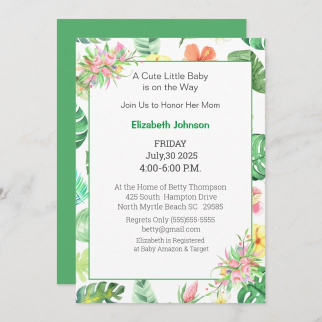 Invitation Baby shower rose et vert fleuri (Devant / Derrière)