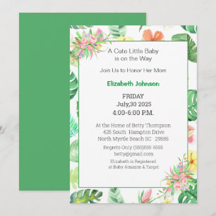 Invitation Baby shower rose et vert fleuri