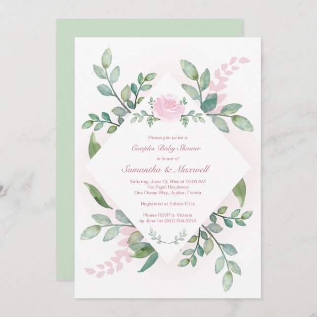 Invitation Baby shower rose fille, couples (Devant / Derrière)