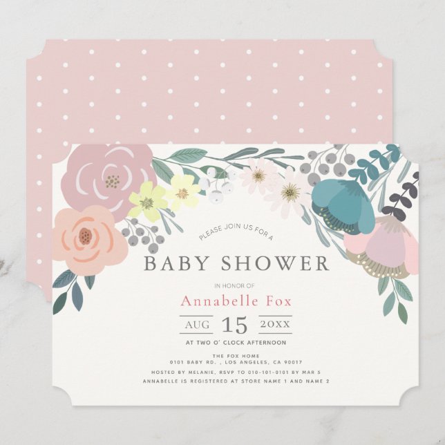 Invitation Baby shower rose Fille Florale Printemps (Devant / Derrière)